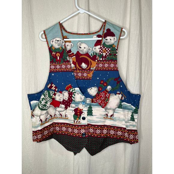 1990s Art To Wear Polar Bears Christmas Musician Nordic Fair Isle Scenic Vest XL - Picture 1 of 3